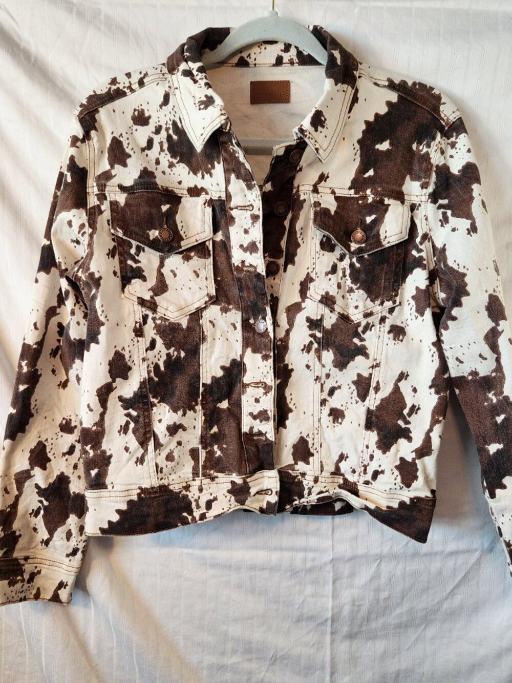 Judy Blue Cow Print Cropped Denim Jacket Size S Western Trucker Stretch